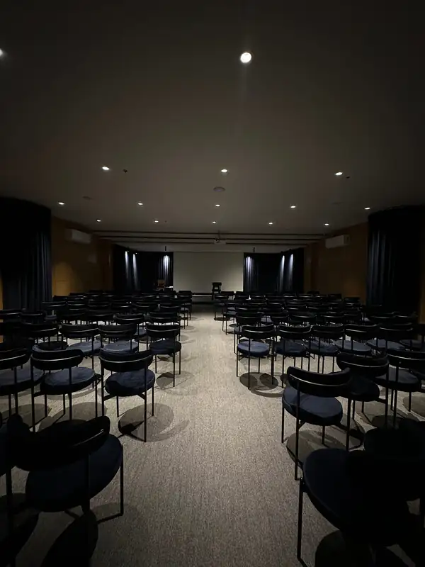 The auditorium, with rows of navy velvet chairs facing a projection screen.